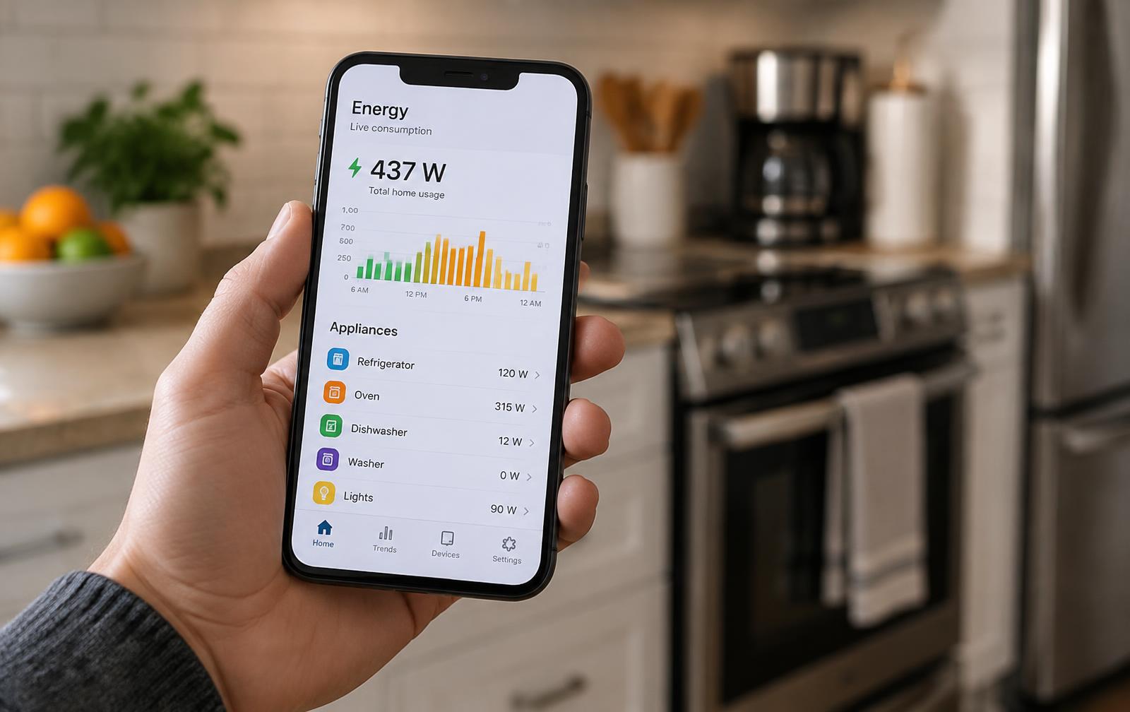 Smartphone zeigt eine Verbrauchsübersicht mit Wattwerten einzelner Haushaltsgeräte