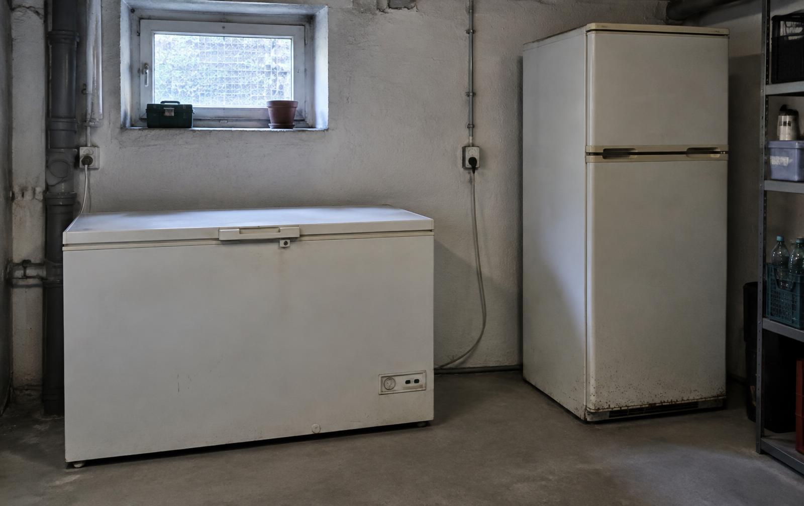 Alte Gefriertruhe und älterer Kühlschrank in einem Kellerraum