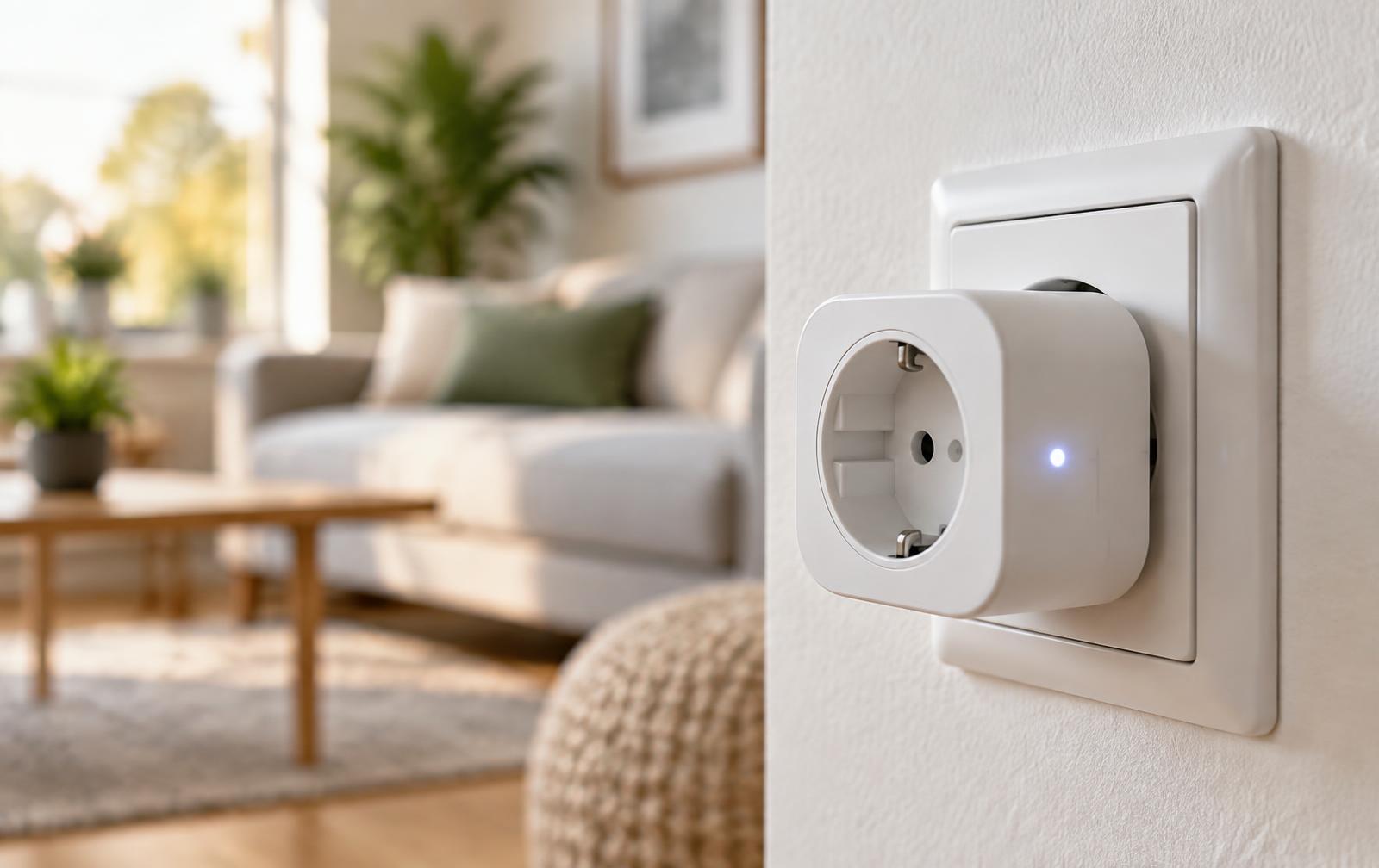 Weißer smarter Zwischenstecker in einer Wandsteckdose mit leuchtender Statusanzeige